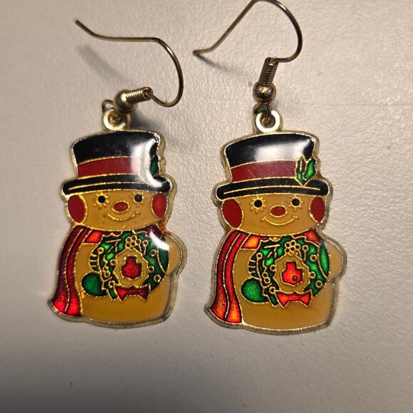 Vintage Enamel Snowman Earrings | Christmas Holiday Dangle Jewelry - Picture 1 of 1